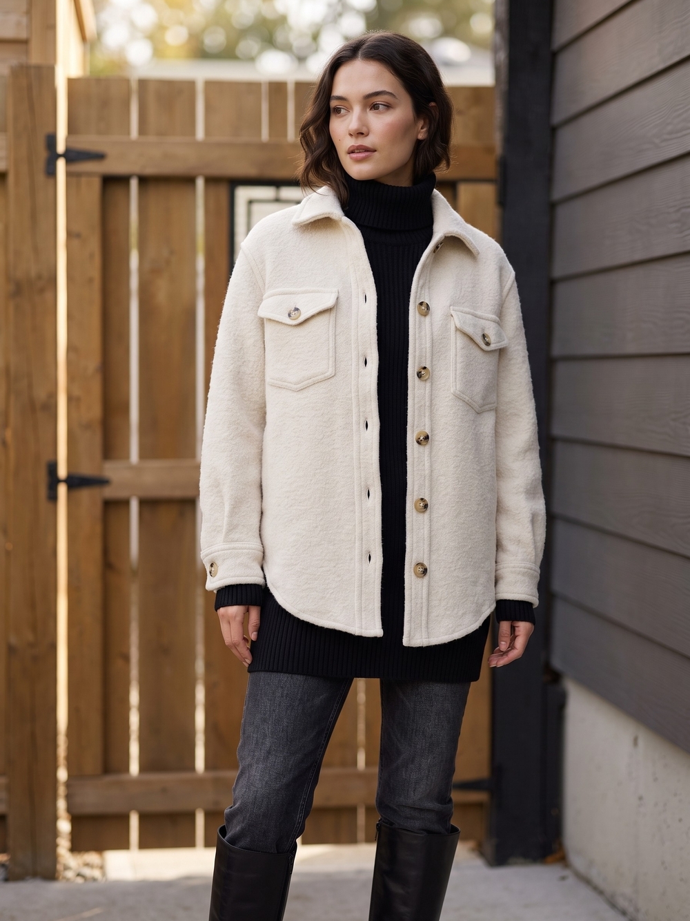 Aritzia Wilfred Free Boiled Merino Wool Shacket Cream Clean Girl Quiet Luxury